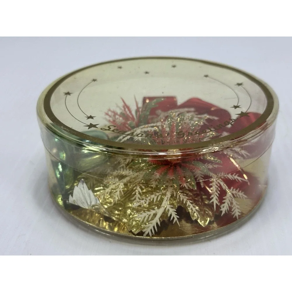 Vintage Seasons Greetings 1950s Christmas Corsage Original Box Bell Ribbon USA